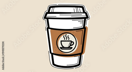 A cartoon illustration of a disposable coffee cup with a brown sleeve