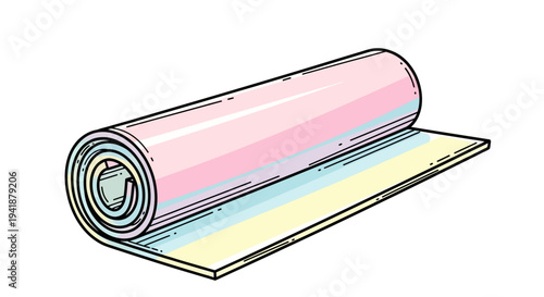 A colorful rolled up yoga mat on a white background