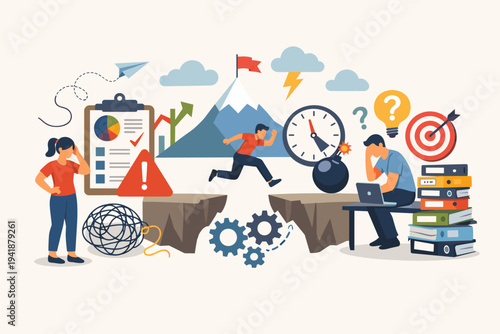 Business Project Management Challenges and Workflow Organization Concept Illustration Featuring Stressed Employees, Deadlines, Goal Achievement, Problem Solving, and Task Prioritization Icons.