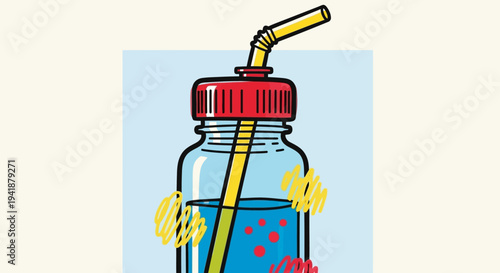 A cartoon illustration of a cold drink with a straw in a bottle
