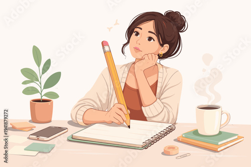 Young woman freelance content writer or blogger sitting at desk with giant pencil and notebook, dreaming of creative ideas, bullet journaling, home office workspace with coffee and plant.