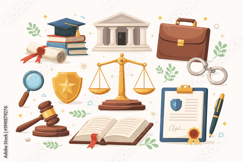 Law and Justice System Elements Flat Design Vector Illustration Featuring Scales of Justice, Gavel, Courthouse, Law Book, Handcuffs, Briefcase, Graduation Cap, and Legal Documents Icons.