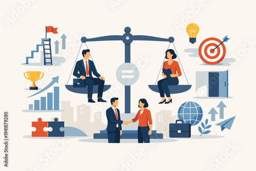 Gender Equality and Equal Opportunities in Corporate Business Concept with Man and Woman on Balanced Scales, Shaking Hands, and Icons for Diversity, Inclusion, Career Growth, and Success.