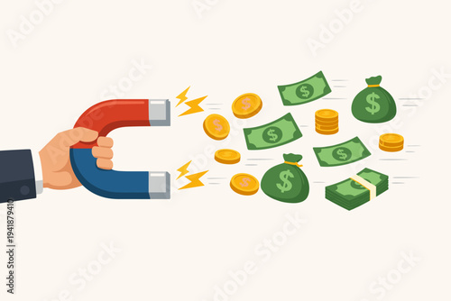 Businessman Hand Holding Horseshoe Magnet Attracting Money, Gold Coins, Dollar Bills, and Cash Bags. Concept of Financial Success, Wealth Attraction, Profit, ROI, Investment, and Business Growth.