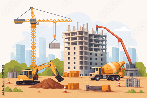 Vector Illustration of a Busy Construction Site with a Tower Crane, Excavator, Cement Mixer Truck, and High-Rise Building Under Development in a Modern Urban Cityscape Environment Flat Design.