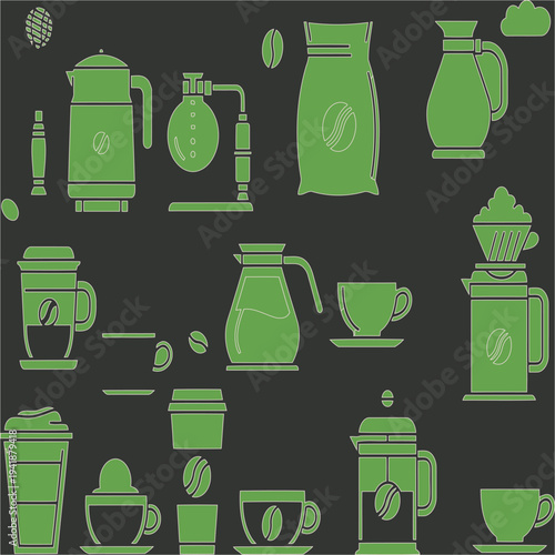 Various coffee making equipment and beverages in green and white on a dark background