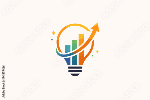 Minimalist logo of an innovative business company featuring a lightbulb with a rising bar chart and an upward arrow, symbolizing creative ideas, financial growth, success, and strategic planning.