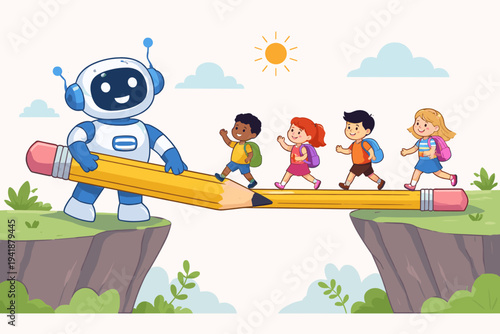 Vector illustration of a cute robot holding a giant pencil bridge for diverse school children to cross, symbolizing AI in primary education, digital learning, and technology bridging the gap.