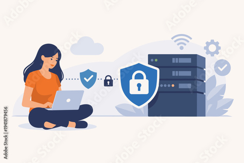 Flat Vector Illustration of a Woman Using Laptop with Secure Server Connection and Data Protection Shield Icons Representing Cybersecurity, Cloud Storage, Network Privacy, and Internet Safety