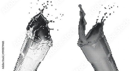 Two hands high fiving in celebration of achievement and success in a modern minimalist style with pixelated graphics