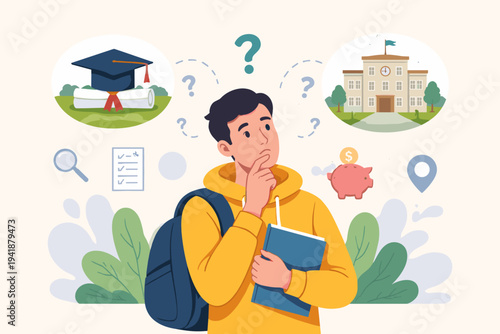 Student Thinking of Postgraduate Education and Choosing College or University, Flat Vector Illustration of a Young Man Planning Career Path with Graduation Cap, Piggy Bank, and School Icons
