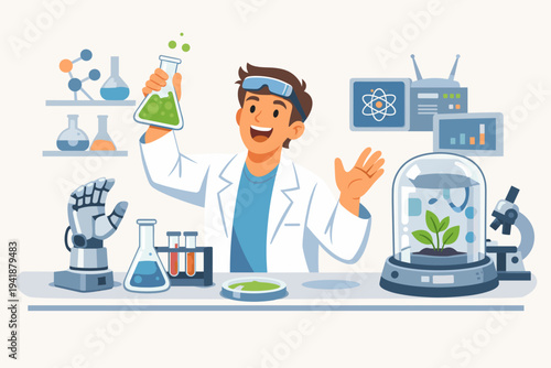 Excited male scientist in a modern laboratory holding a green chemical flask, featuring advanced technology like a robotic hand, microscope, test tubes, and a plant in a controlled growth chamber.