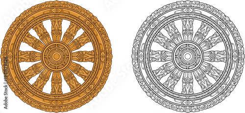 Vector Illustration of Ornate Dharmachakra Wheels Symbolizing Buddhism, Spiritual Teachings, and Path to Enlightenment