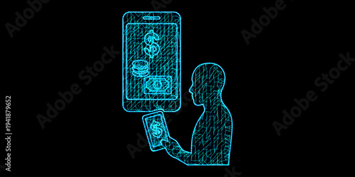 Mobile Investment and Digital Wealth Management Concept with Smartphone Displaying Dollar Coins and Cash in Blue Mesh Wireframe Style