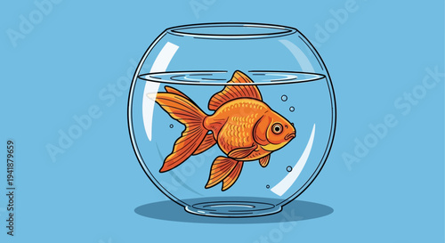 A vibrant orange goldfish swims in a clear glass bowl on a blue background