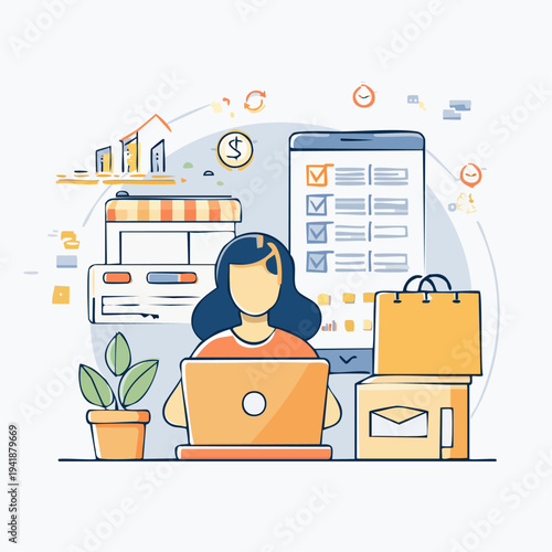 Woman Working on Laptop with Shopping Elements.