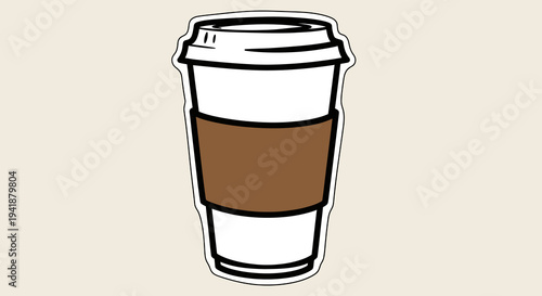 A cartoon illustration of a disposable coffee cup with a brown sleeve