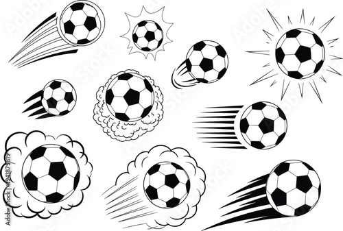 Black and white soccer ball vector set with motion speed lines smoke and star burst icons for sports competition graphics
