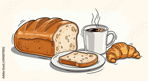 A delicious breakfast spread with bread, coffee, and pastry on a table