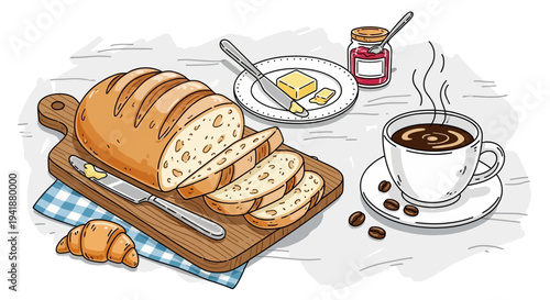 A warm breakfast spread with freshly baked bread and coffee