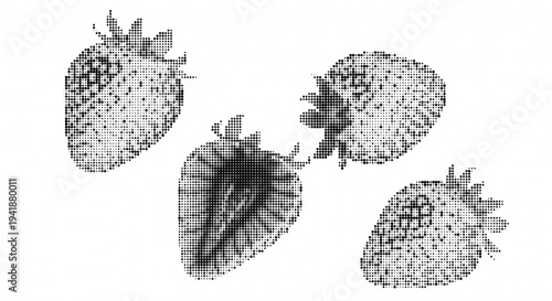 Strawberry illustration created using halftone dots technique in black and white, showcasing visual representation of fruit in a unique artistic style.
