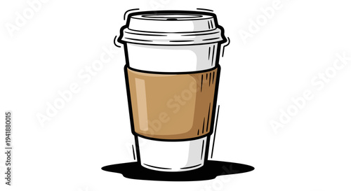 A cartoon illustration of a disposable coffee cup with a brown sleeve