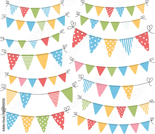 colorful bunting flags garland set with patterns, festive pennant banner decoration for party celebration event hanging string flag vector
