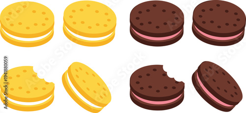 Vector Illustration of Whole and Bitten Sandwich Cookies with Cream and Filling in Two Color Variations