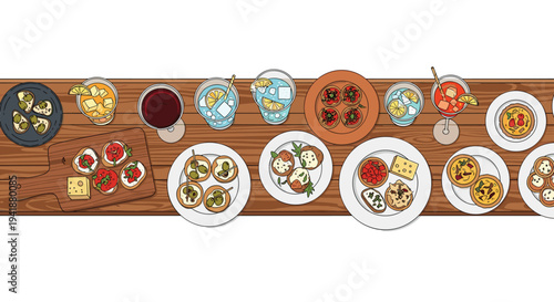 A long wooden table, viewed from directly above, is abundantly covered with various appetizers and colorful drinks on white plates.
