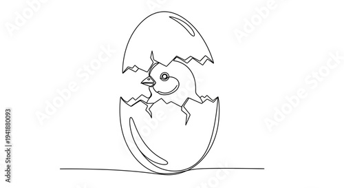 Cute chick hatching from egg in modern line art style