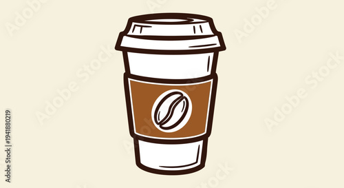A cartoon illustration of a disposable coffee cup with a brown sleeve