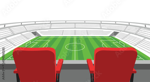 Two empty red stadium seats overlook a meticulously maintained green football field with white markings and tiered stands under a clear sky.