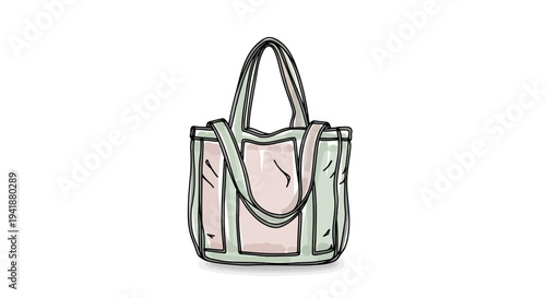 A pastel pink and green handbag with a cartoon style illustration