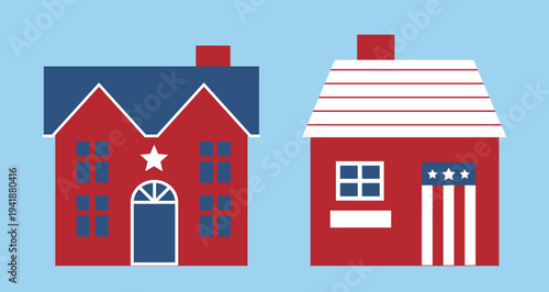 Red white blue USA home Design Clipart set.
American Patriotic USA house flat vector illustration set.
