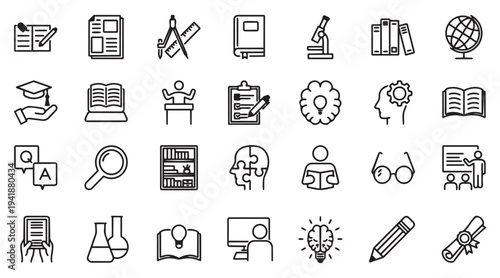 Comprehensive set of education and learning icons in outline style, representing various academic subjects, tools, and concepts. Vector illustration.