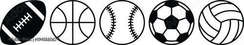 Sports balls illustration, football basketball baseball soccer volleyball, black and white graphic design, athletic equipment artwork, modern sports icon background