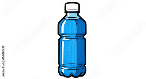 A cartoon illustration of a blue plastic water bottle with a white cap