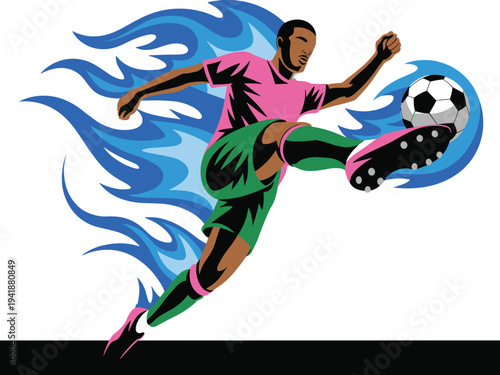 Soccer player action illustration, dynamic football kick artwork, vibrant sports design, athletic energy concept, motion flame background, modern graphic style composition