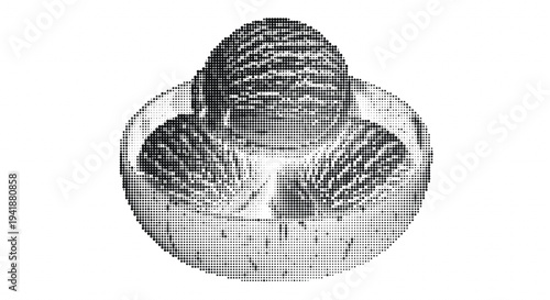 Black and white halftone illustration of a clam or mussel shell on a white background with intricate details and shading.