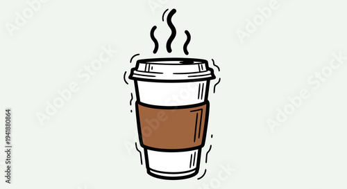 A steaming hot coffee cup with a brown sleeve and white lid
