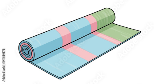 A colorful yoga mat rolled out on a clean white background