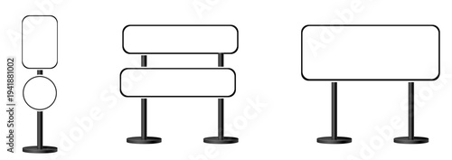 Various billboard templates displayed side by side on stands, vector illustrations, graphic designs, isolated on a clean background from a front viewpoint