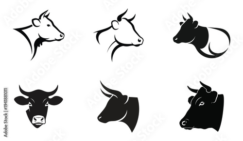 Six black and white cow head silhouettes