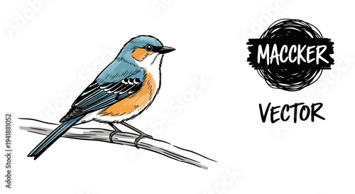 A colorful bird perched on a branch with a vector logo nearby