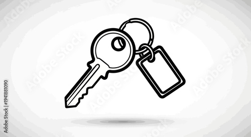 A simple line drawing of a key with a tag attached