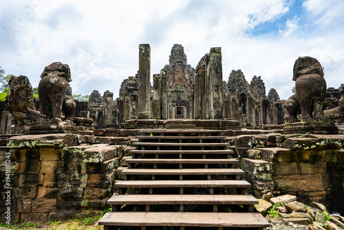 Ancient stone ruins of Bayon Temple in Angkor Thom Cambodia