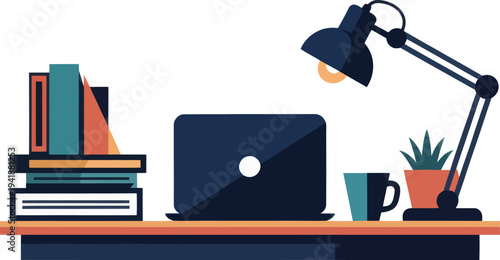 Desk Workspace Setup with Laptop Books Lamp and PlantVector Illustration