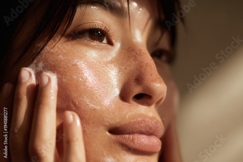 Glowing Skin Care Ritual: A radiant individual, with gentle care, delicately massages cleansing foam into their dewy skin, initiating a soothing routine of revitalization.