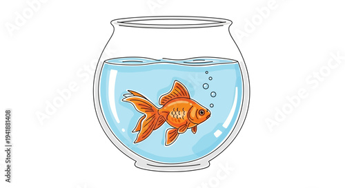 A cartoon goldfish swims in a clear fishbowl with blue water