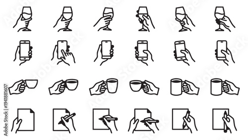 Hand Gestures with Everyday Objects Vector Icon Set: Holding Wine Glasses, Smartphones, Coffee Cups, and Writing on Paper - Minimalist Line Art Collection for UI/UX Design